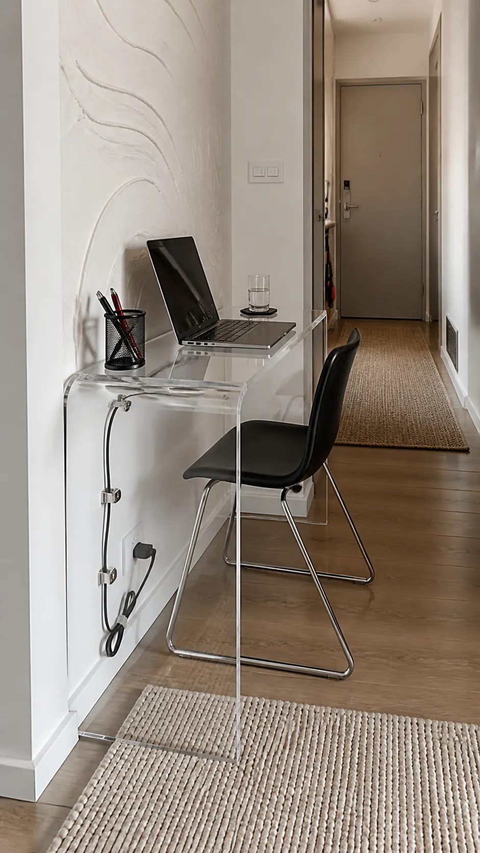 Transparent acrylic desk creating an airy workspace in a narrow room