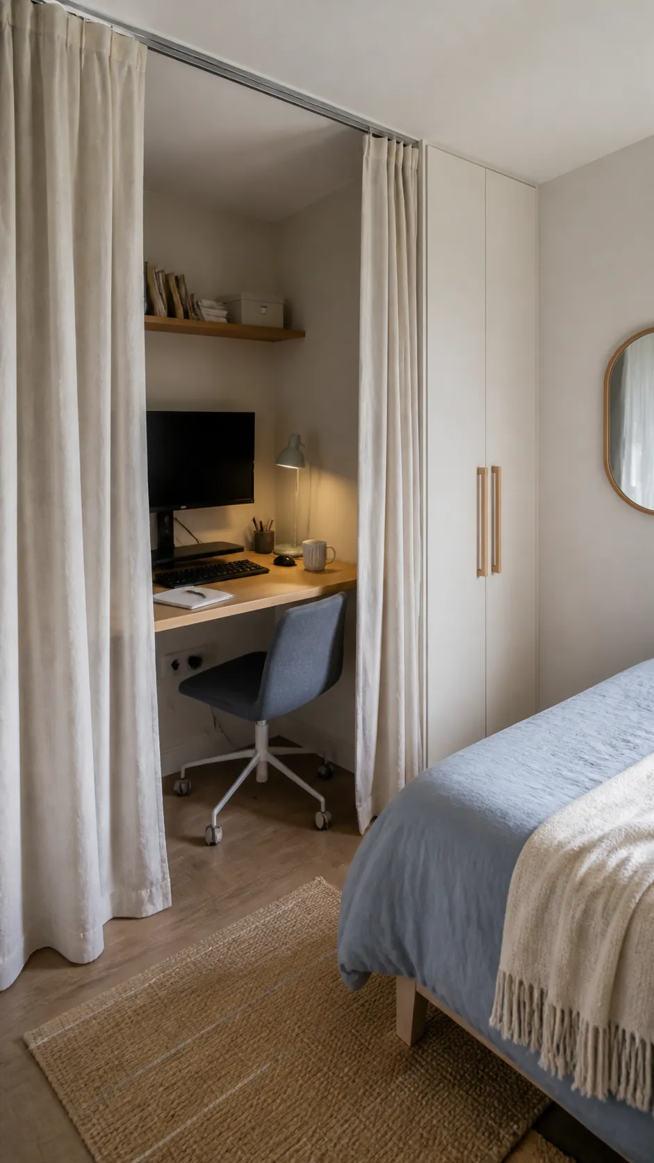 Bedroom work space softly separated by a light curtain