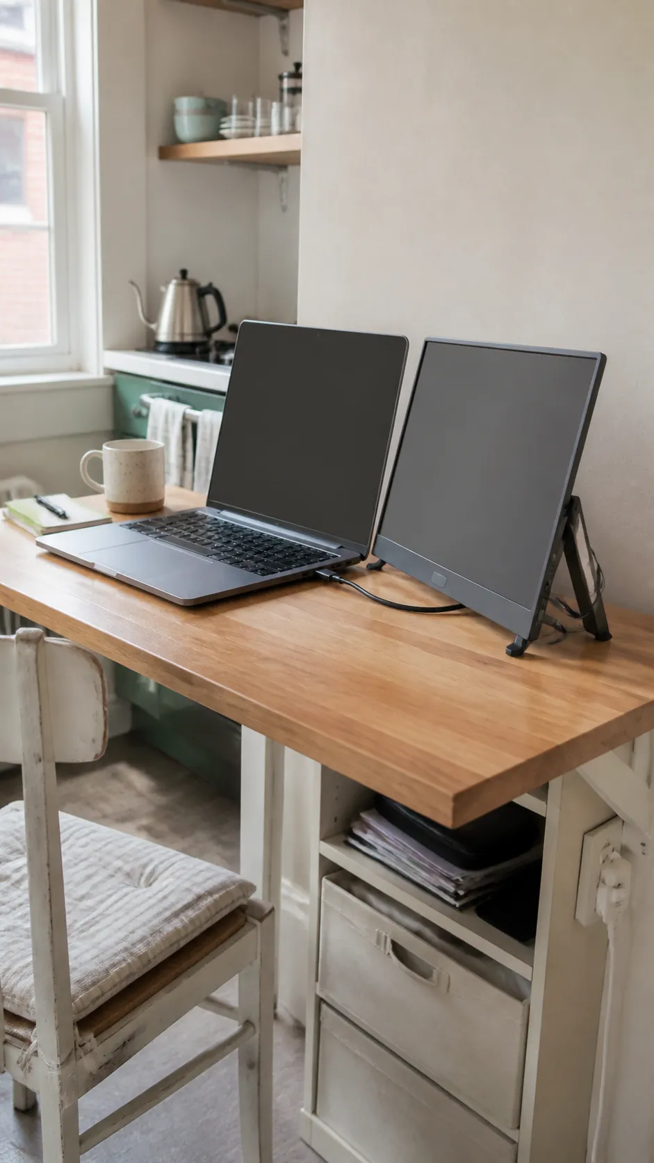 Portable monitor in use beside a laptop on a narrow desk