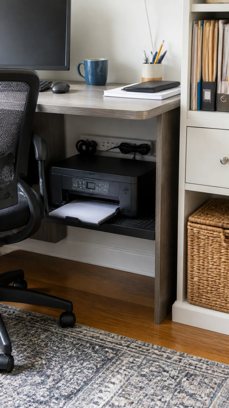 Small home workspace with printer stored on a lower shelf