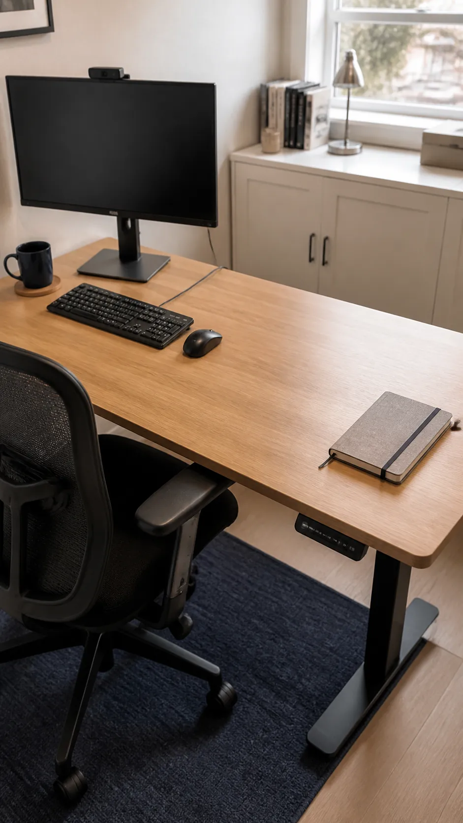 Organized compact desk with an open area for writing