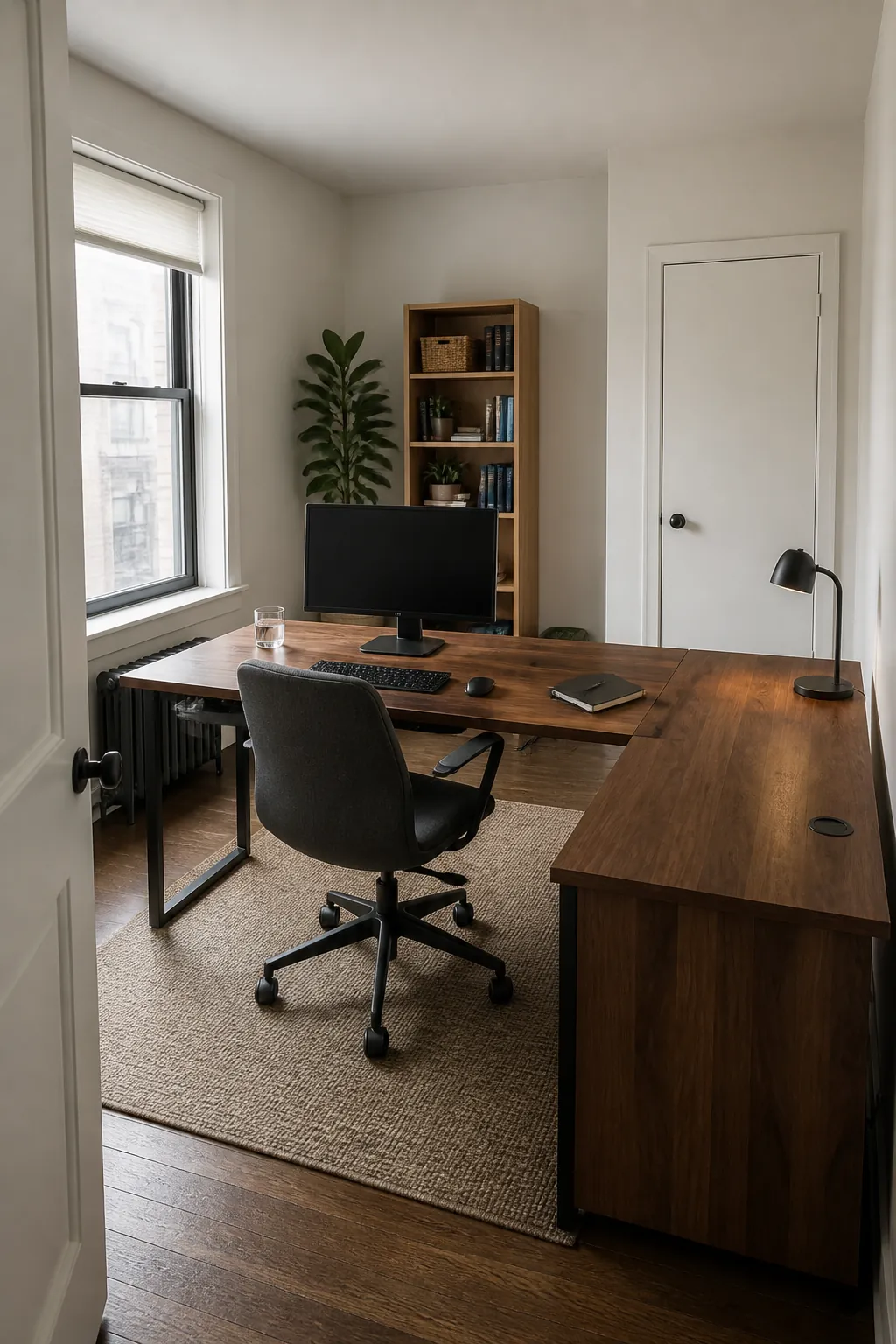 Corner desk floated toward a bright home office room