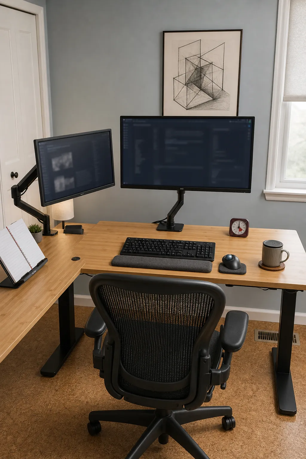 Ergonomic corner desk with main monitor centered