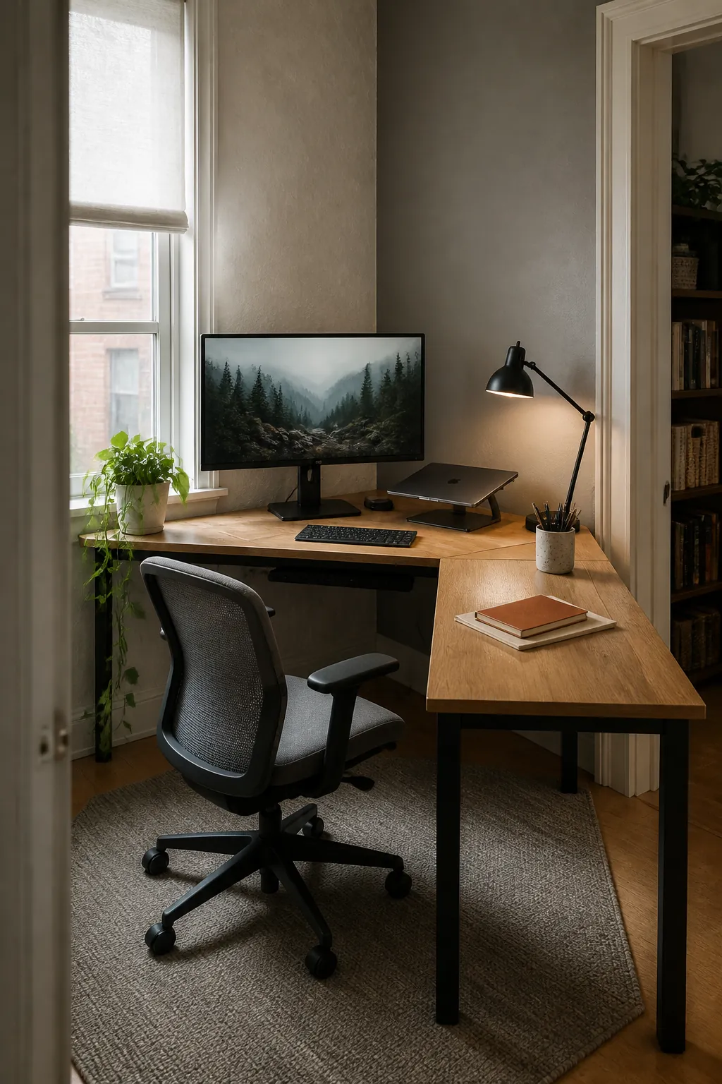 Bright practical corner desk setup in a compact home office