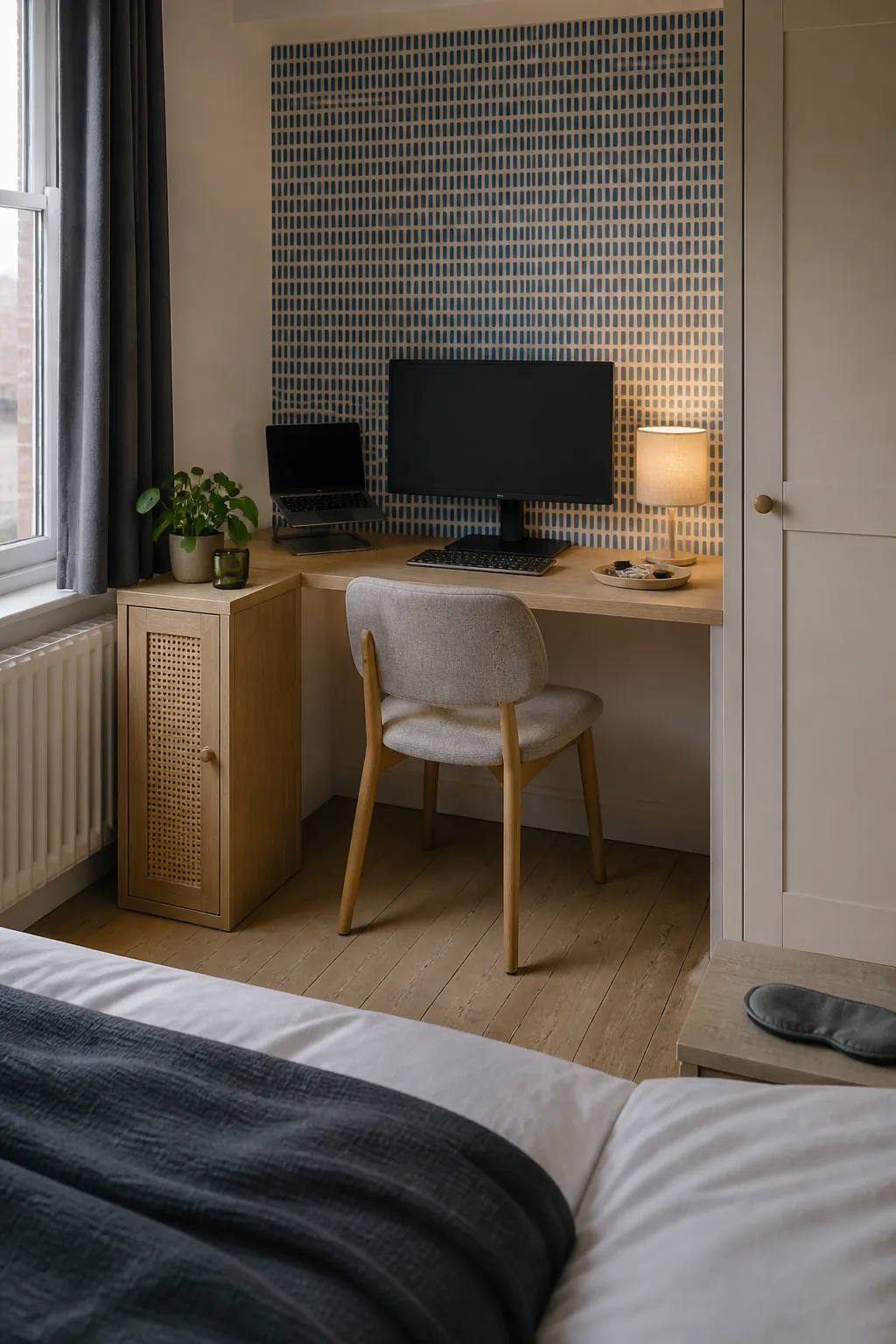 Compact corner office space in a calm bedroom