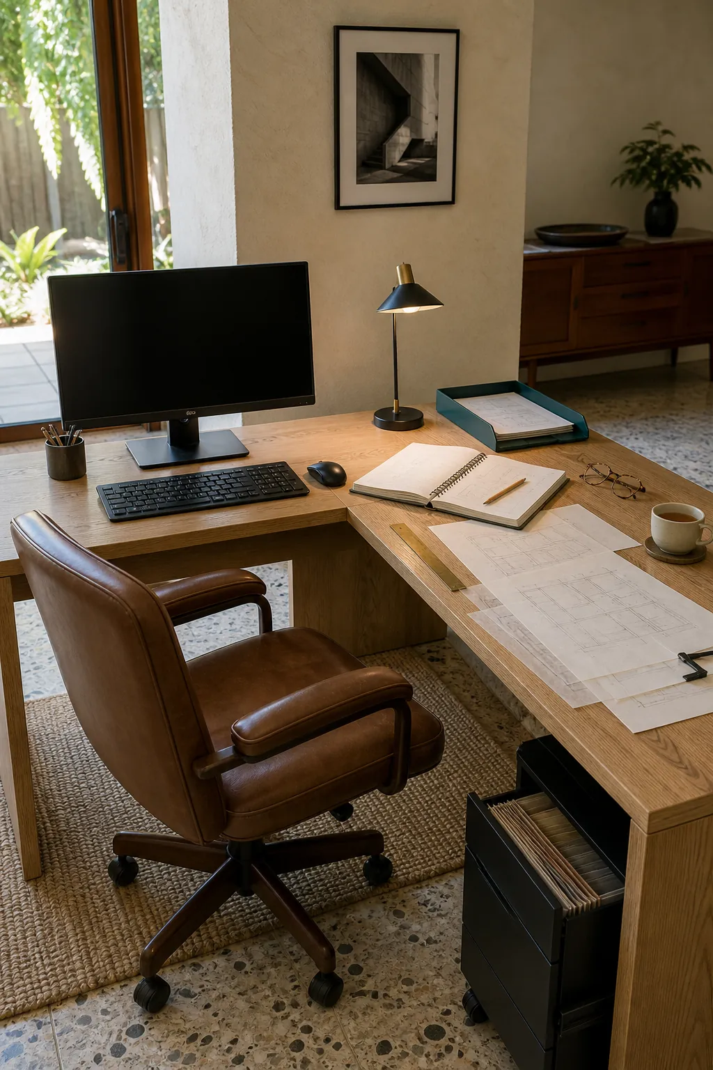 Corner desk with a dedicated paperwork return