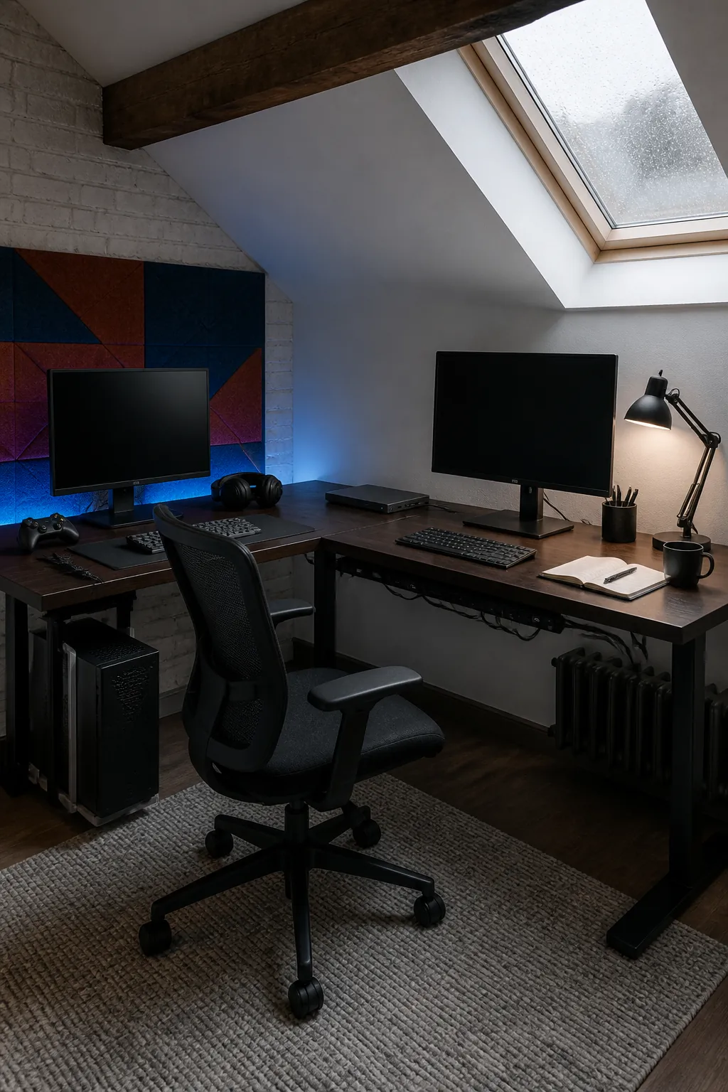 Corner desk divided into work and gaming stations