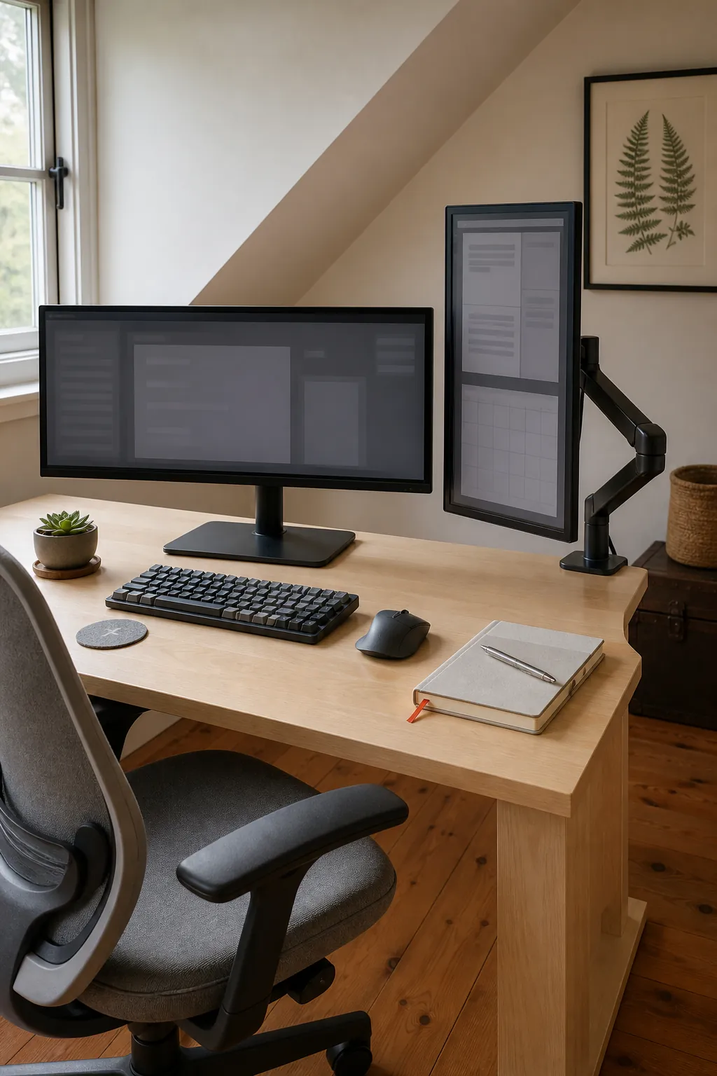 Corner computer desk with a vertical reference monitor
