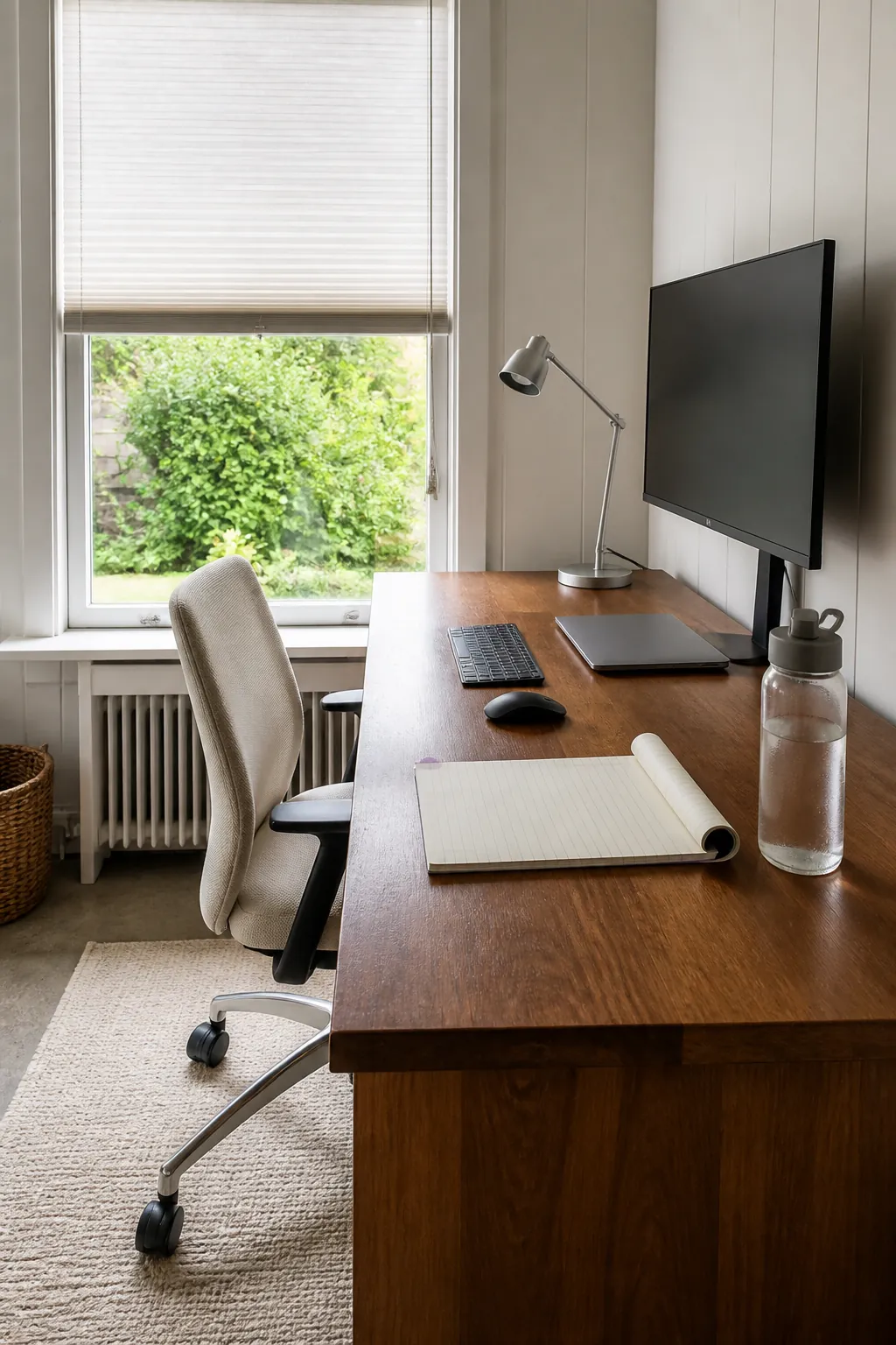 Corner desk arranged beside a window to control glare