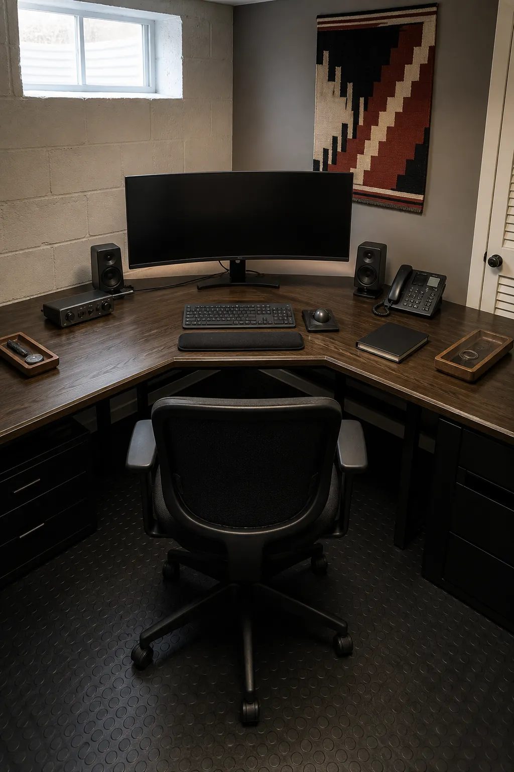 Deep inner corner desk arranged as a command center