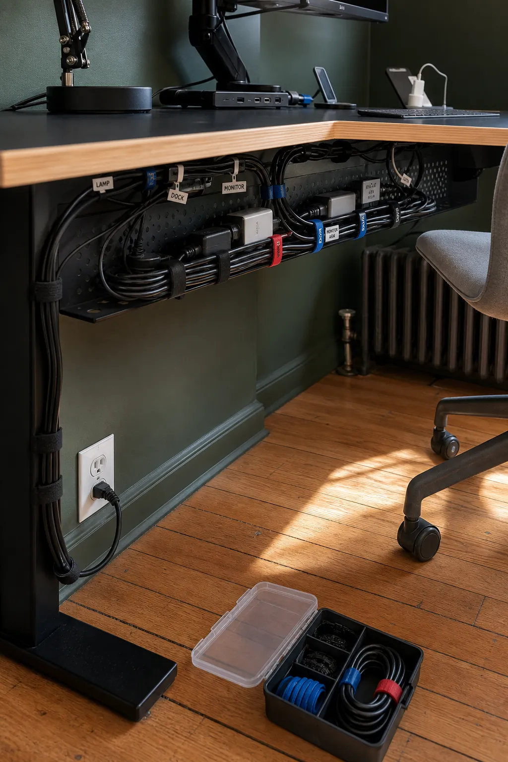 Neat under desk cable management on a corner workstation