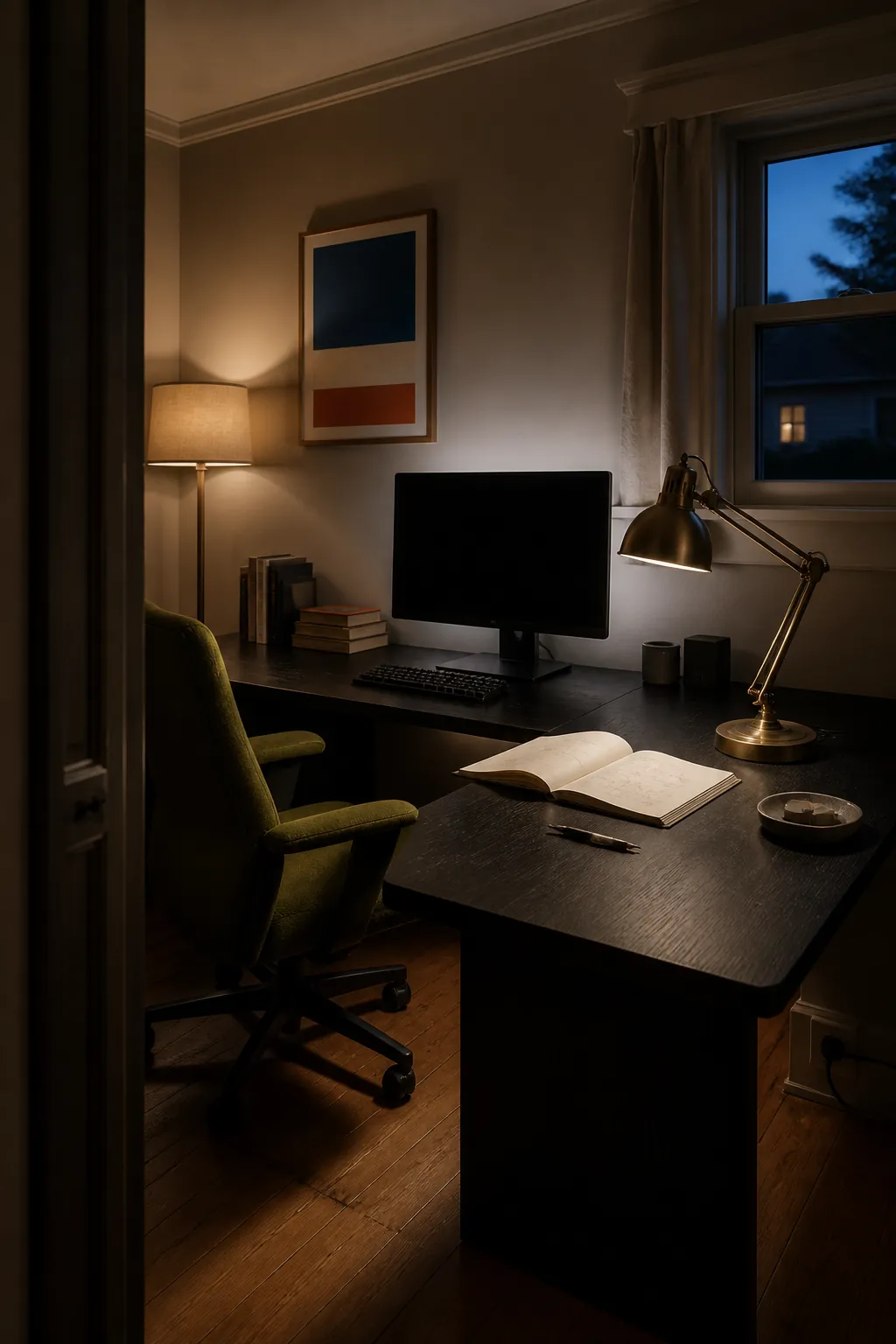 Corner desk with layered task and ambient lighting