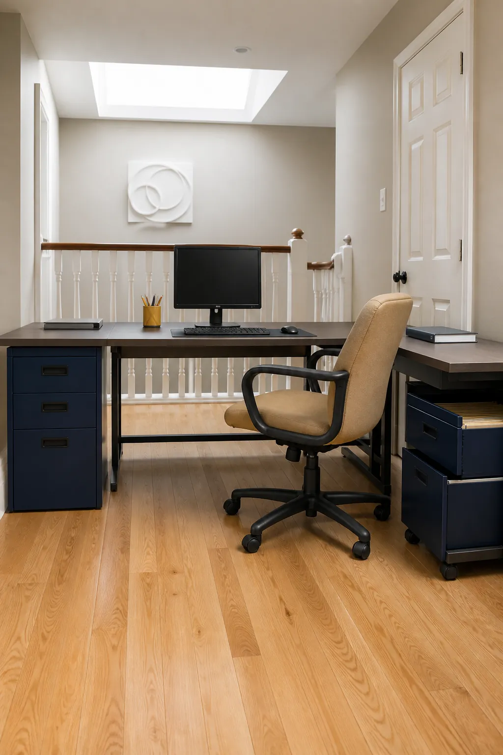 Corner office desk with storage and open legroom