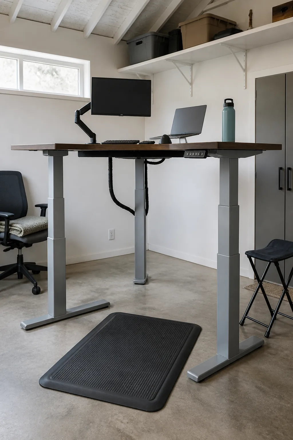 Height adjustable L shaped corner desk setup