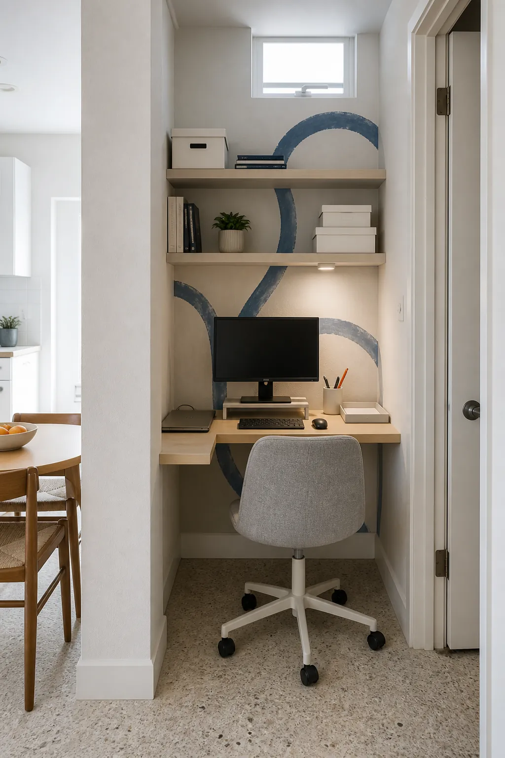 Small corner office fitted into a narrow alcove