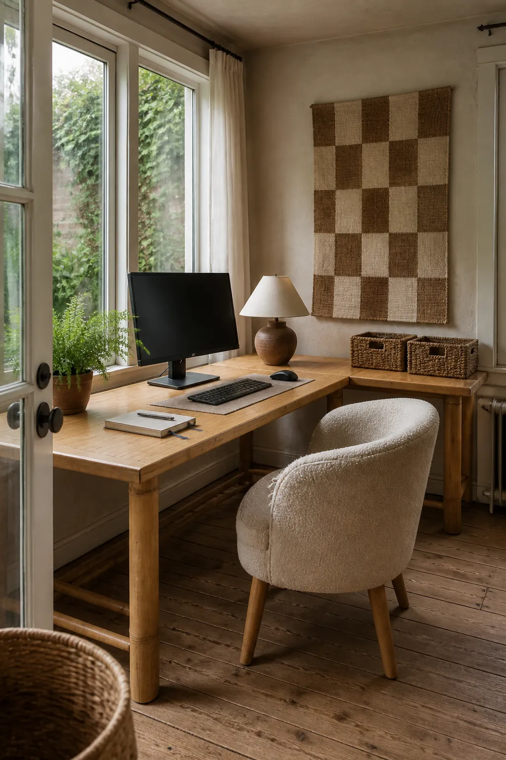 Natural wood corner desk aesthetic with woven storage