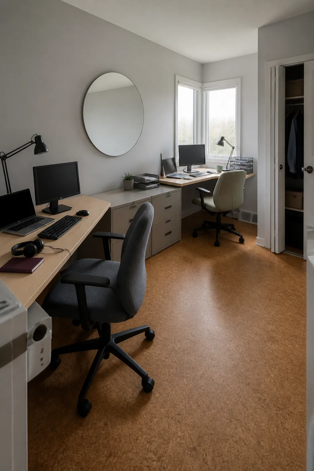 Two person corner office layout with separate work zones