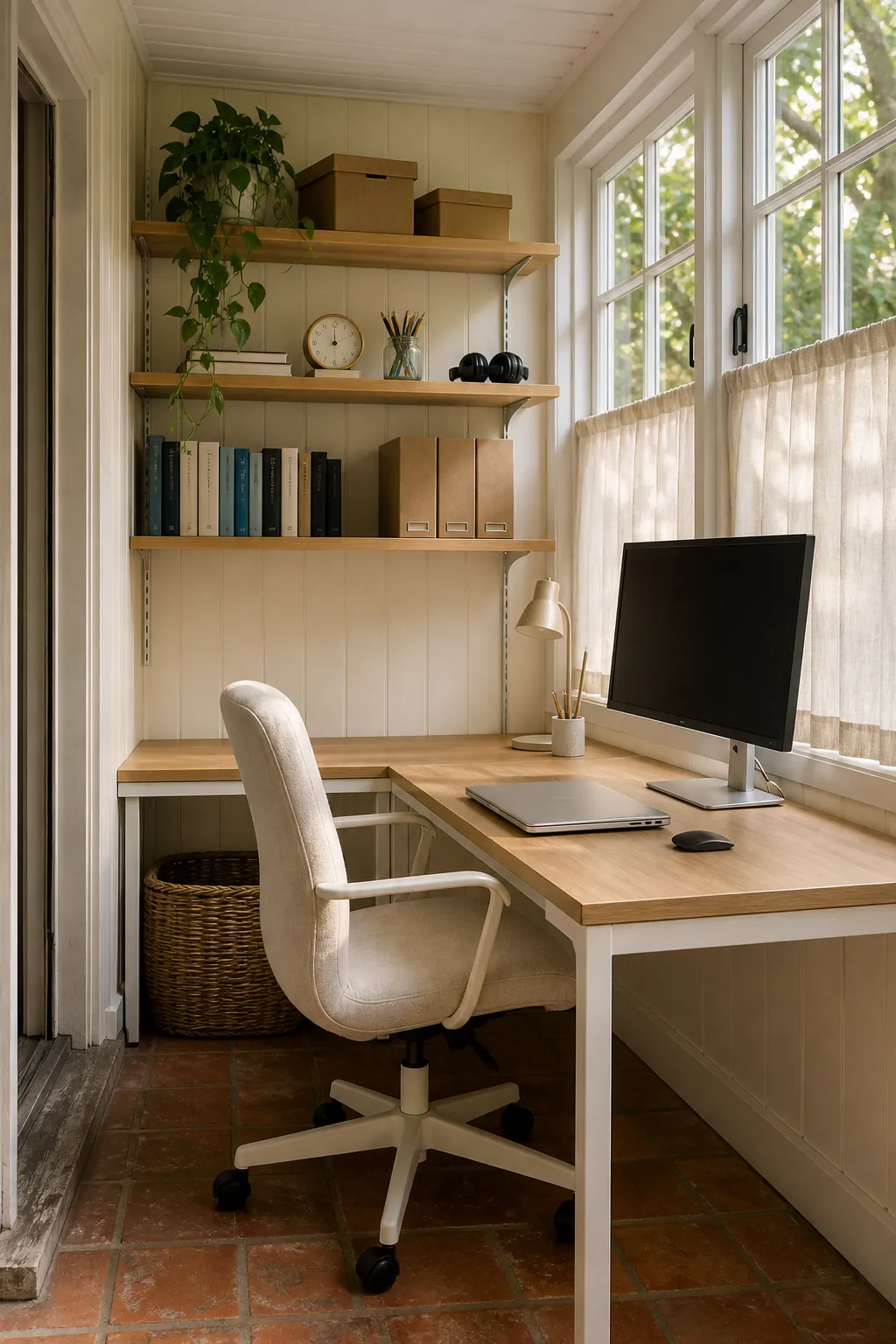Corner desk with practical vertical supply shelves