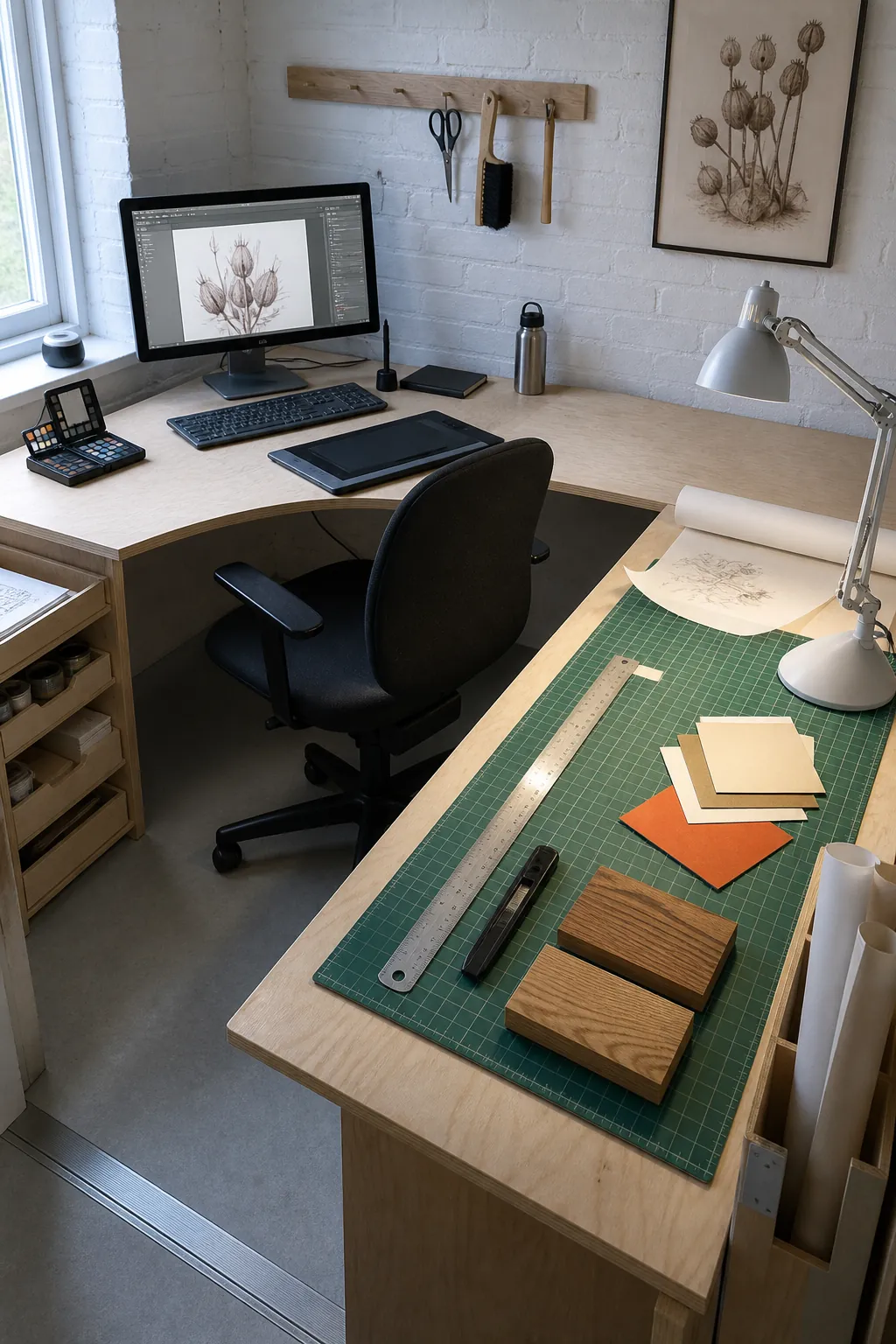 Creative corner desk with computer and maker tools