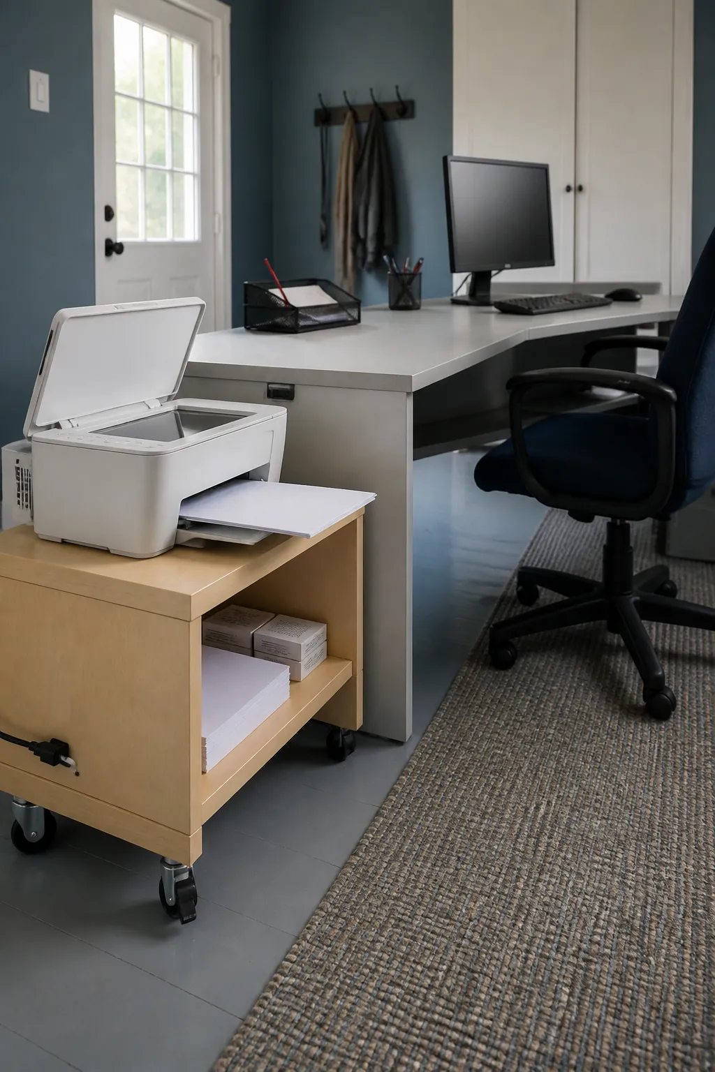 Corner desk with printer placed in an accessible outer zone