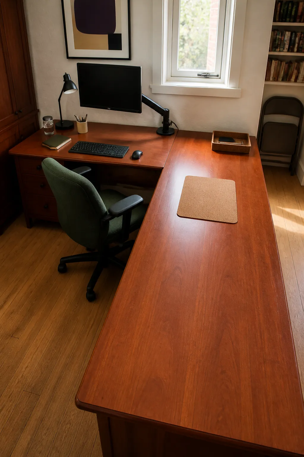 Uncluttered corner desk with flexible open work surface