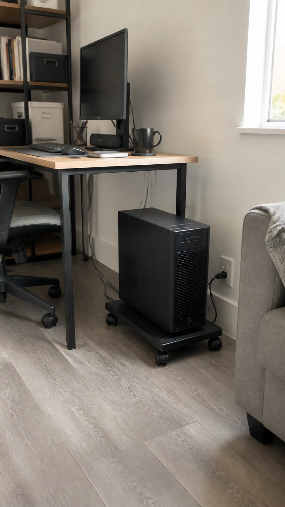 Computer tower on a ventilated stand beside a small desk
