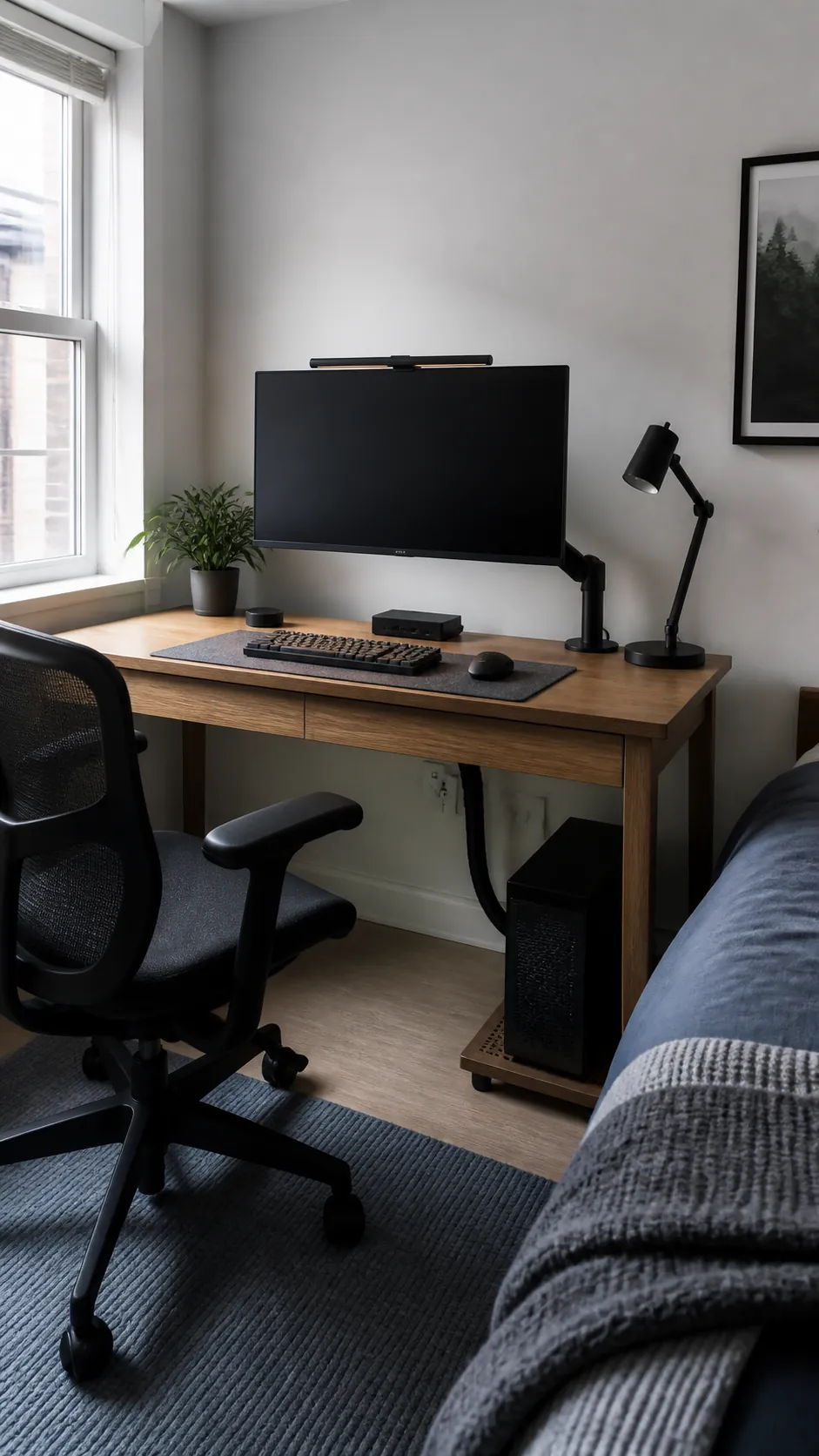 Practical small computer desk setup in a compact apartment bedroom