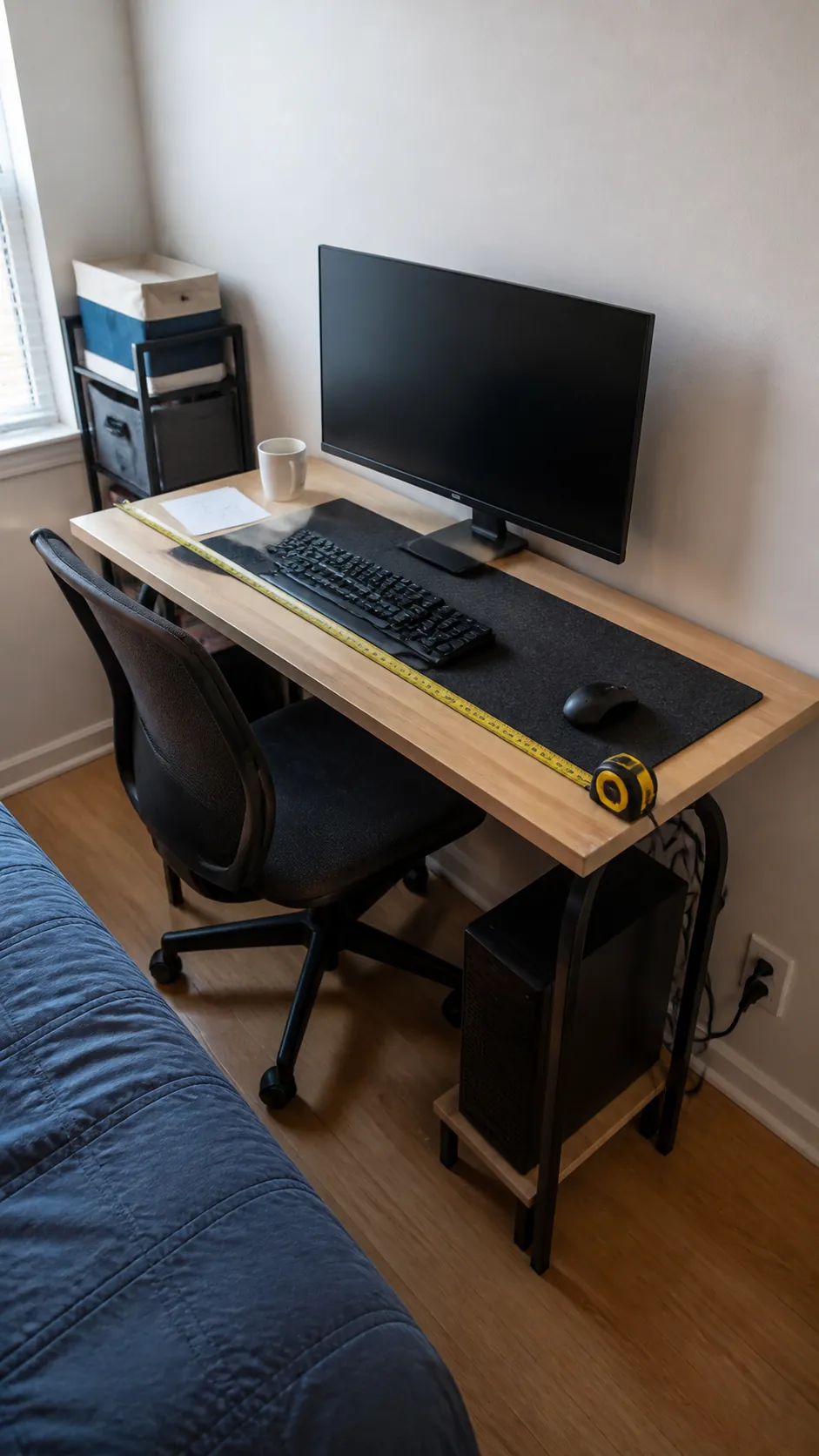 Compact computer desk measured for comfortable monitor depth