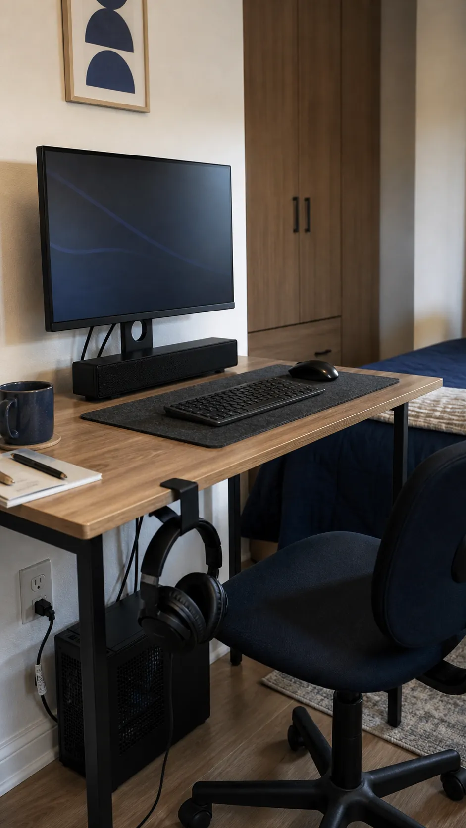 Small computer setup using a compact soundbar and headphone hook