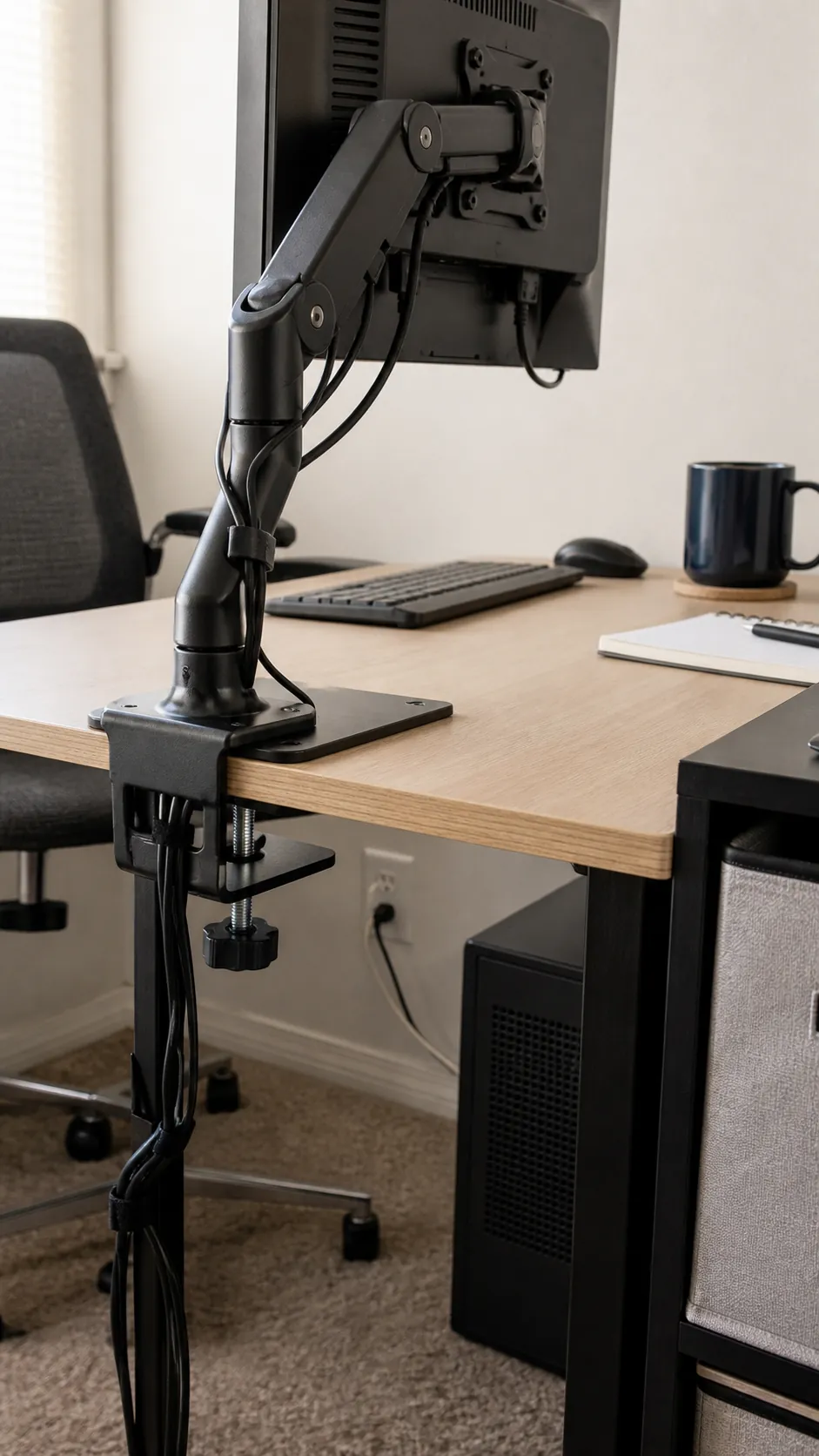 Monitor arm secured to a reinforced compact desk edge