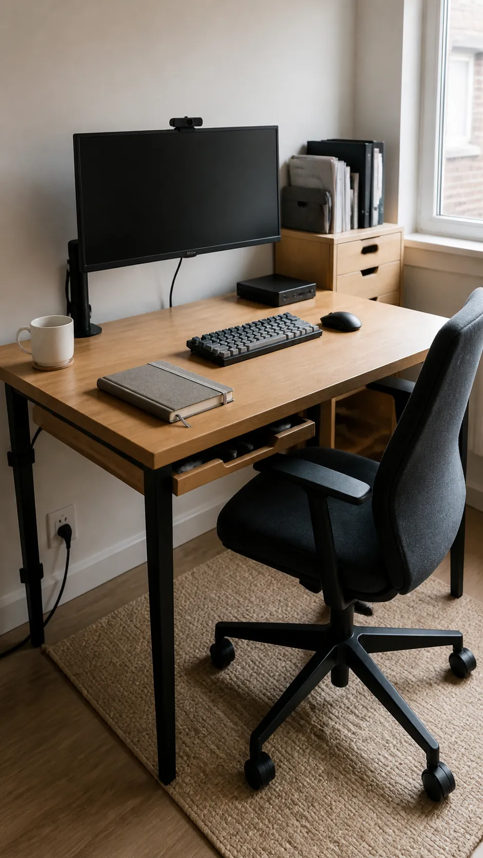 Simple computer desk cleared and ready after a daily reset