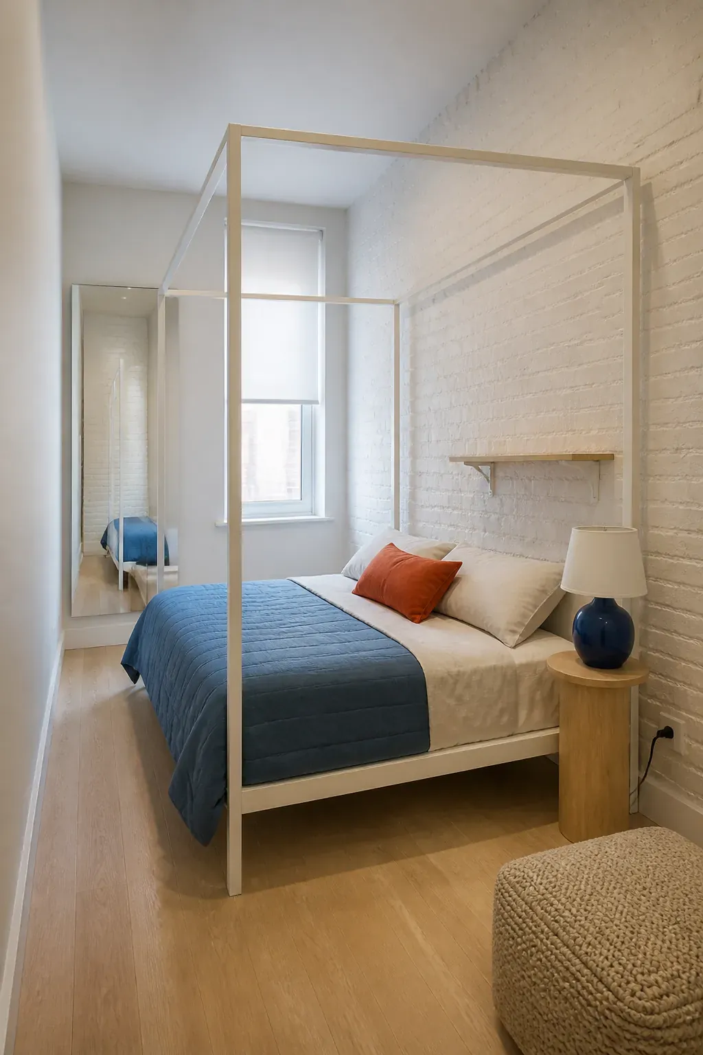 White modern canopy frame blending into a compact pale bedroom