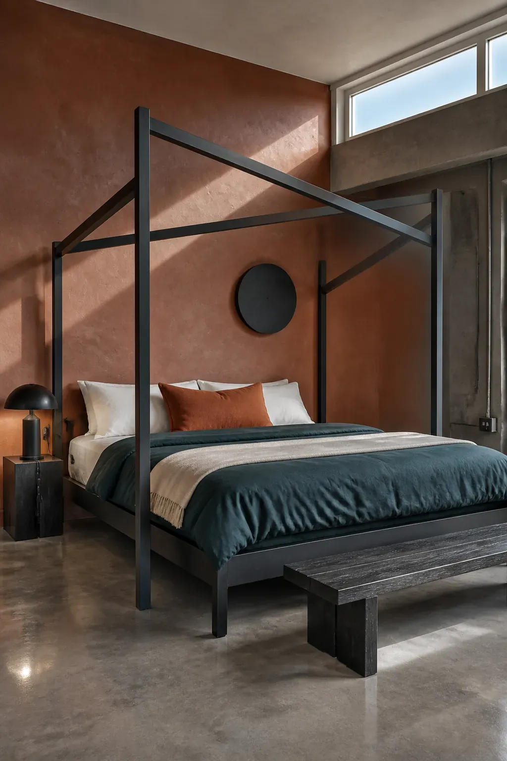 Sculptural modern canopy bed left bare with bold bedding
