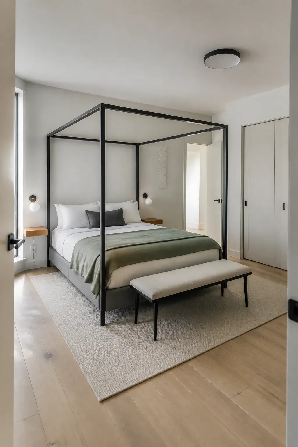 Modern canopy bed with clear ceiling and walkway spacing