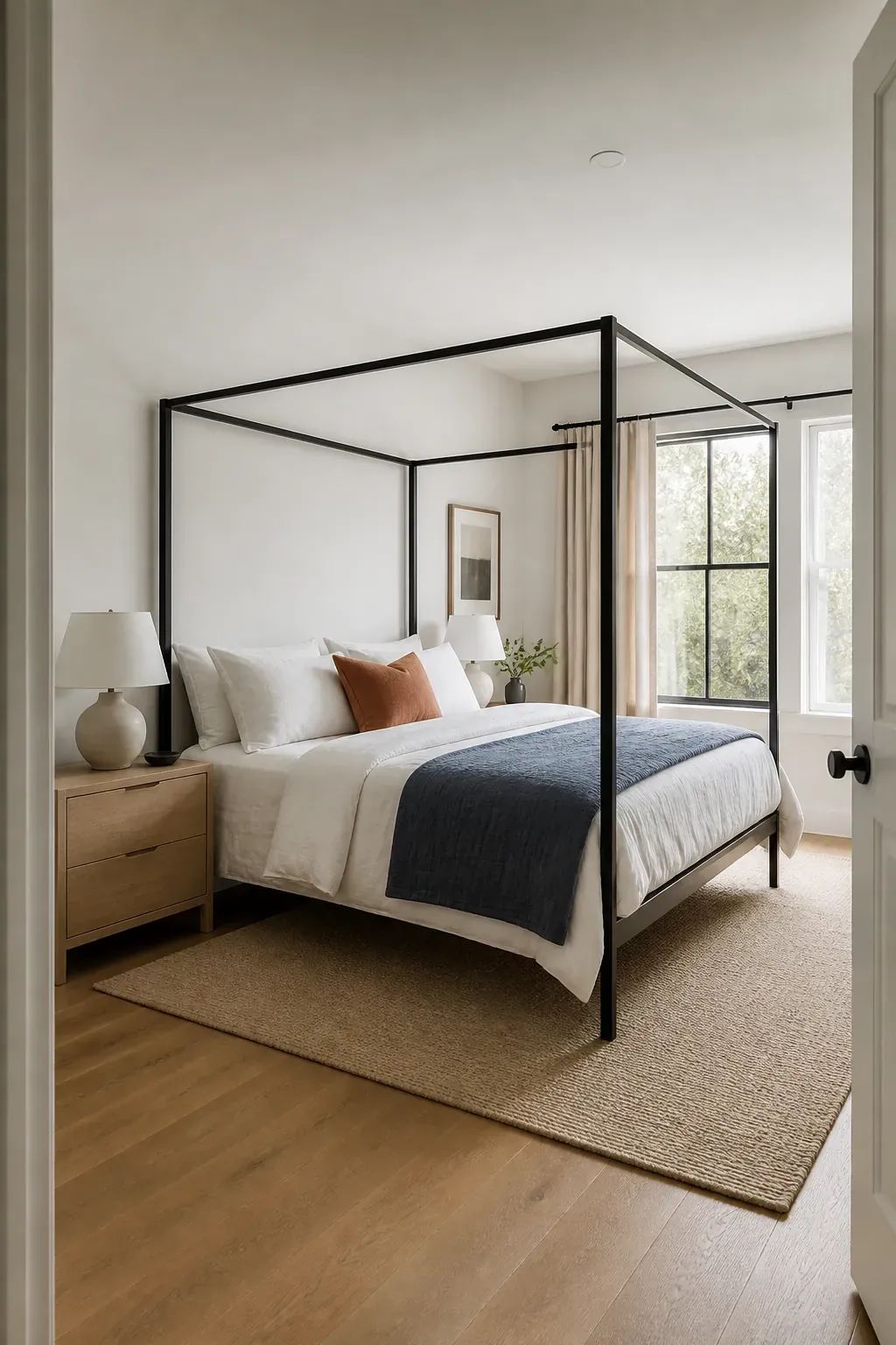 Slim black modern canopy bed in a bright contemporary bedroom
