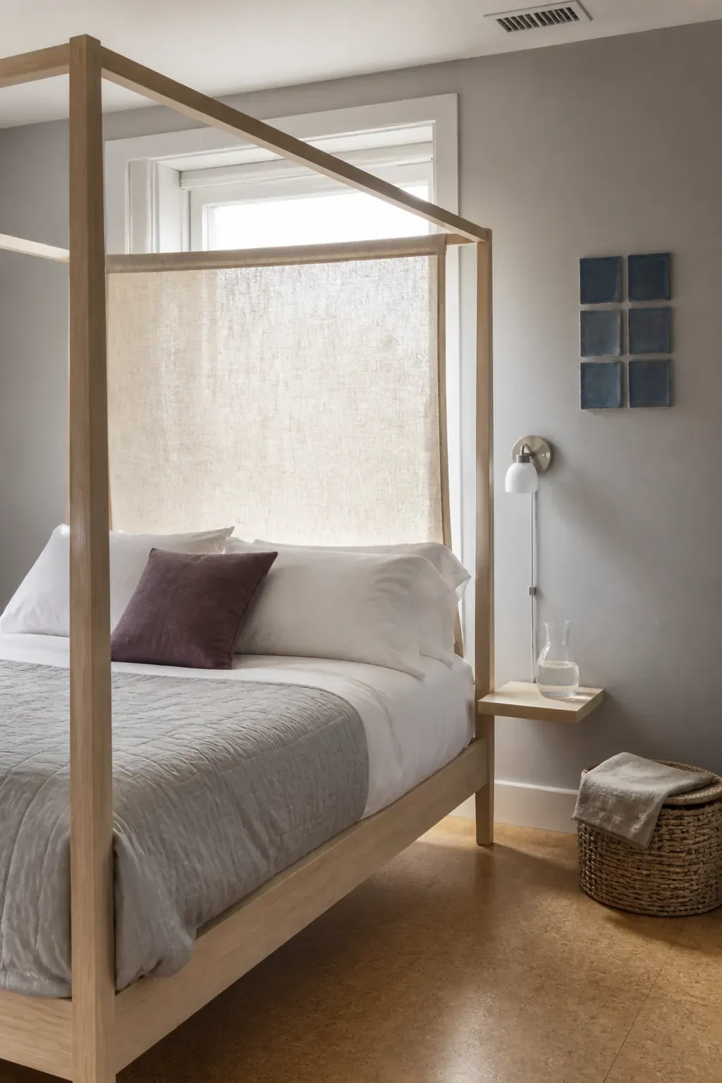 Modern canopy bed softened by one washable head panel