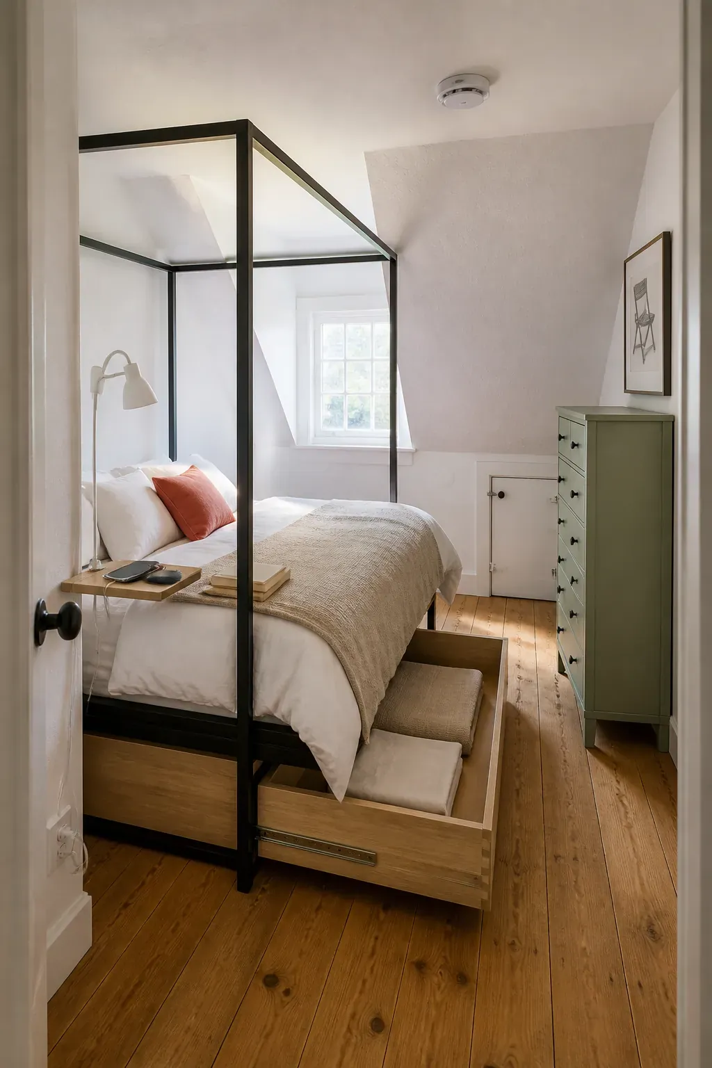 Modern canopy bed using compact storage in a small bedroom