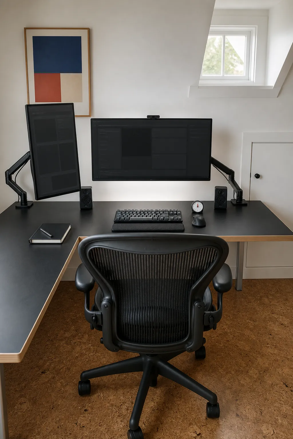 Main monitor aligned with the chair on an L shaped desk