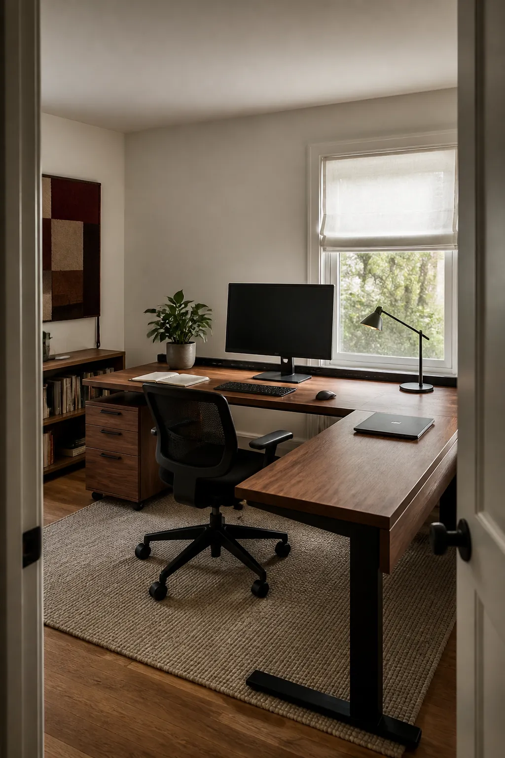 Well planned L shaped desk setup in a bright home office