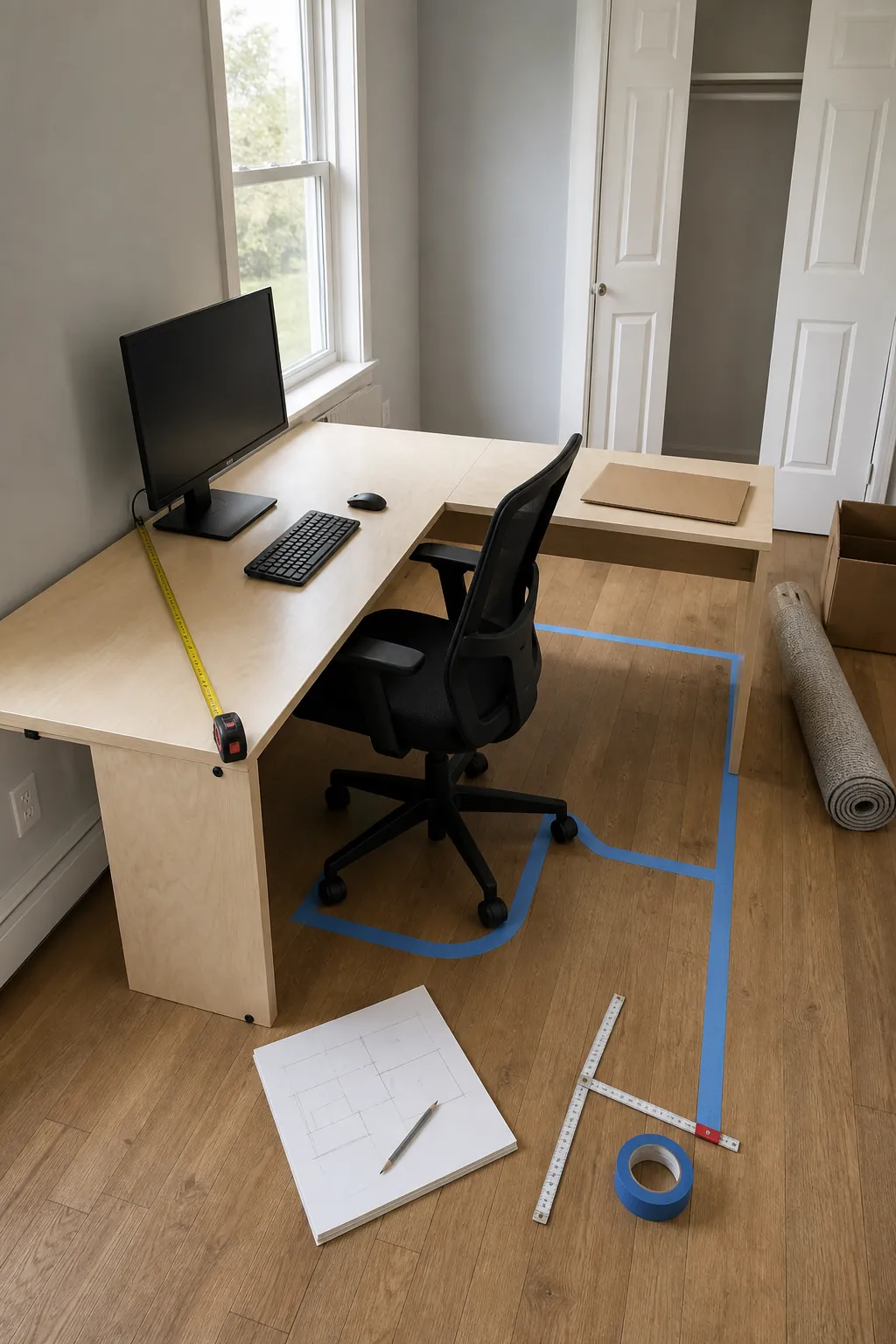 L shaped desk setup measured for comfortable working depth