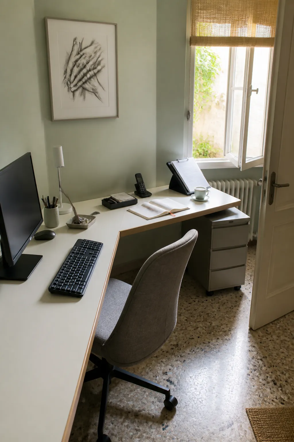 L shaped desk return positioned for an efficient daily workflow