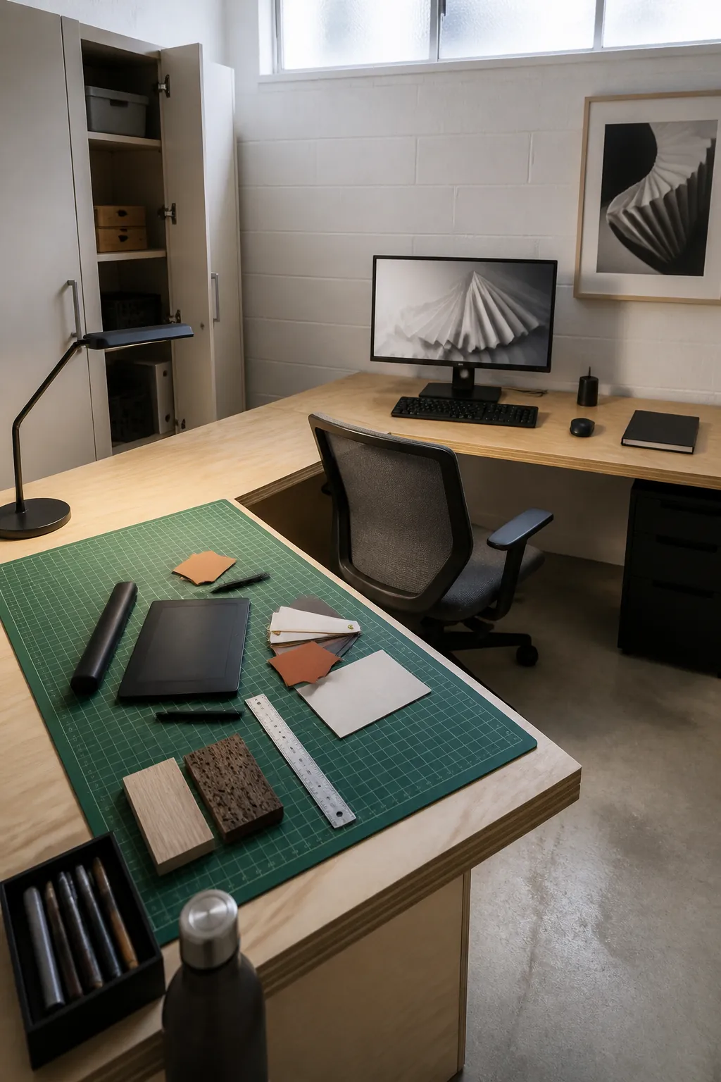 L desk divided into focused computer and creative zones