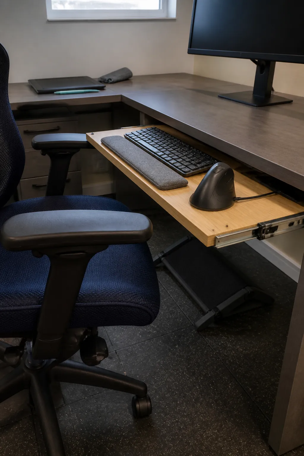 Ergonomic keyboard and mouse placement on an L desk