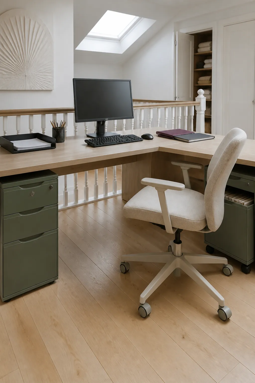 L shaped office desk with storage beyond the knee area