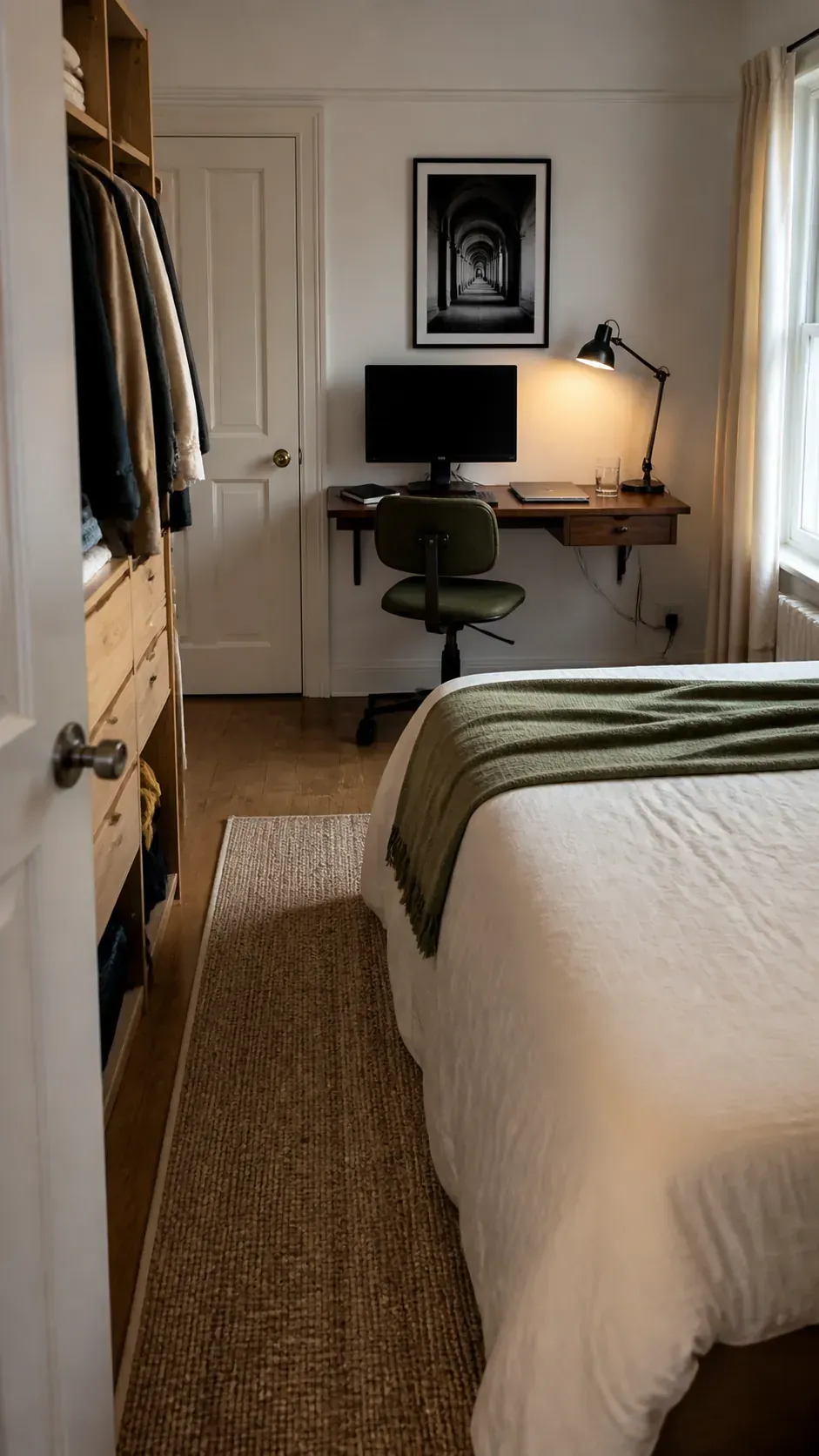 Slim desk arranged on the wall at the foot of a bed