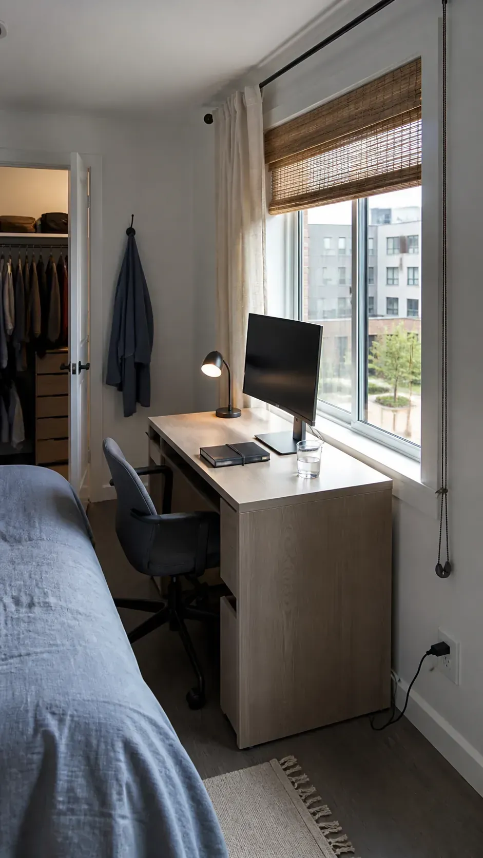 Bedroom desk positioned perpendicular to a window for balanced light
