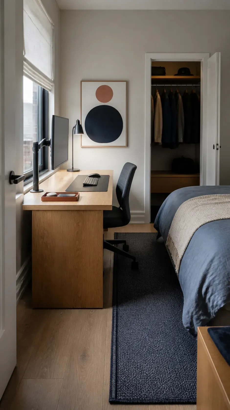 Calm small bedroom with a practical desk setup beside the window