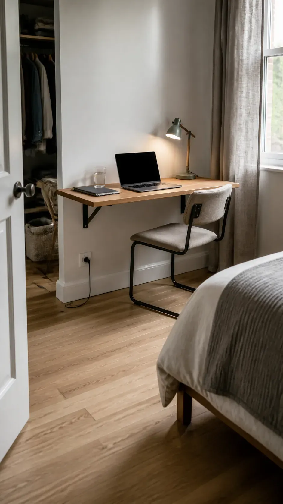Compact floating desk with open floor space in a bedroom