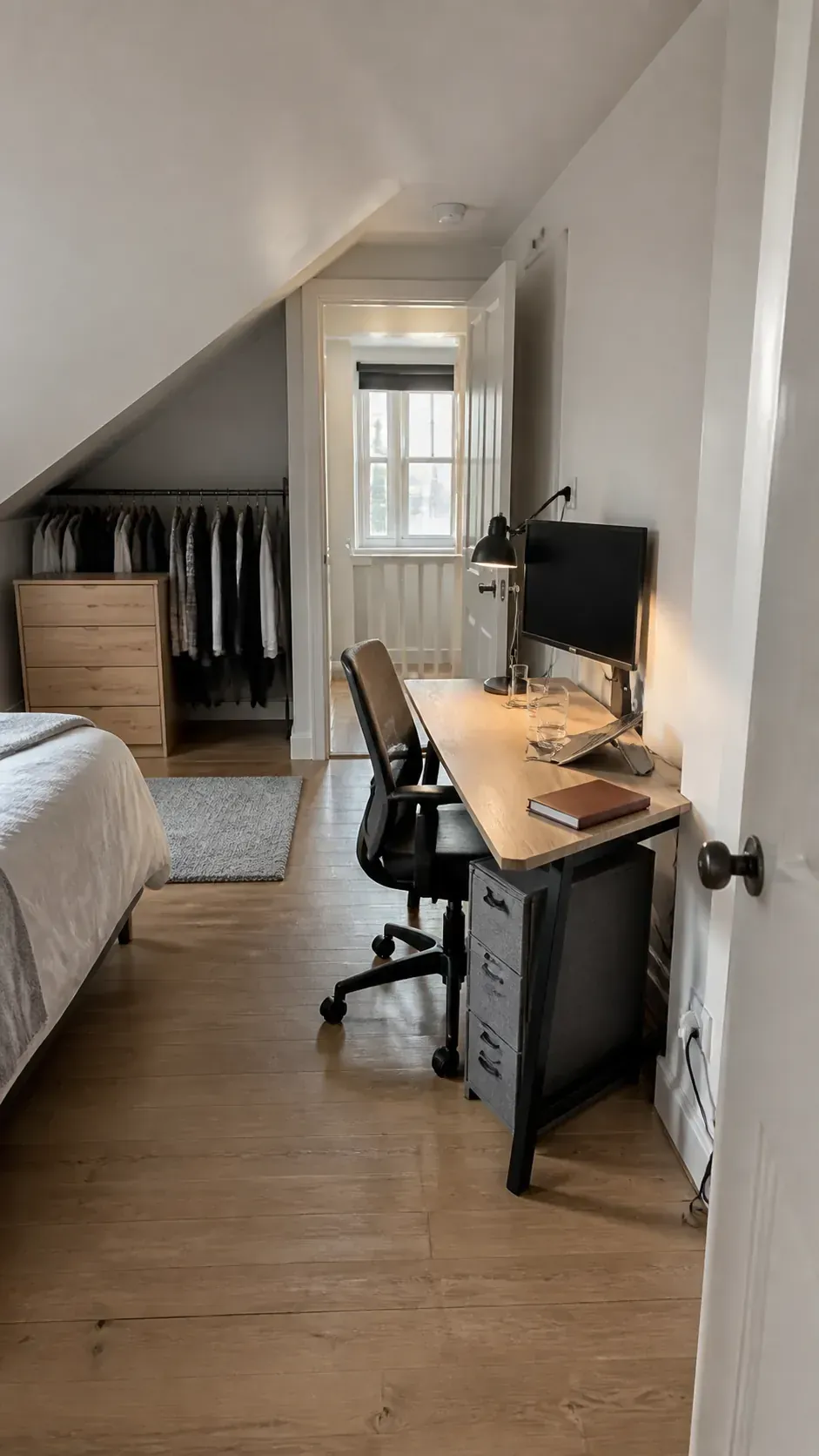 Small bedroom desk arranged with a view of the door
