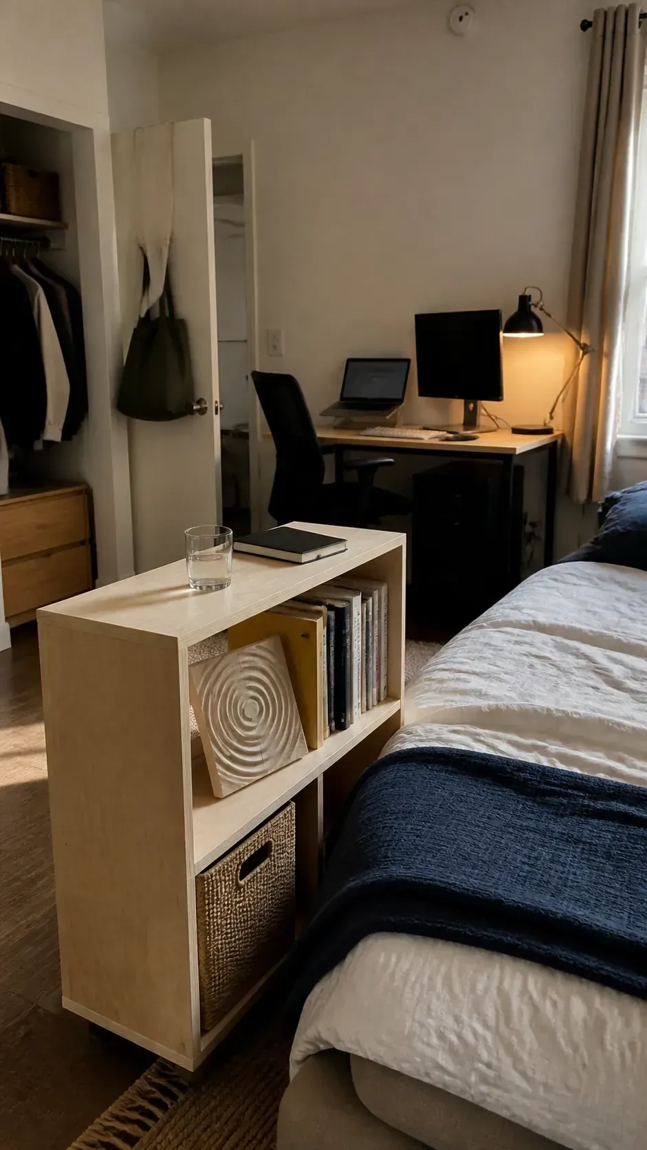 Open bookcase separating a bedroom desk from the bed
